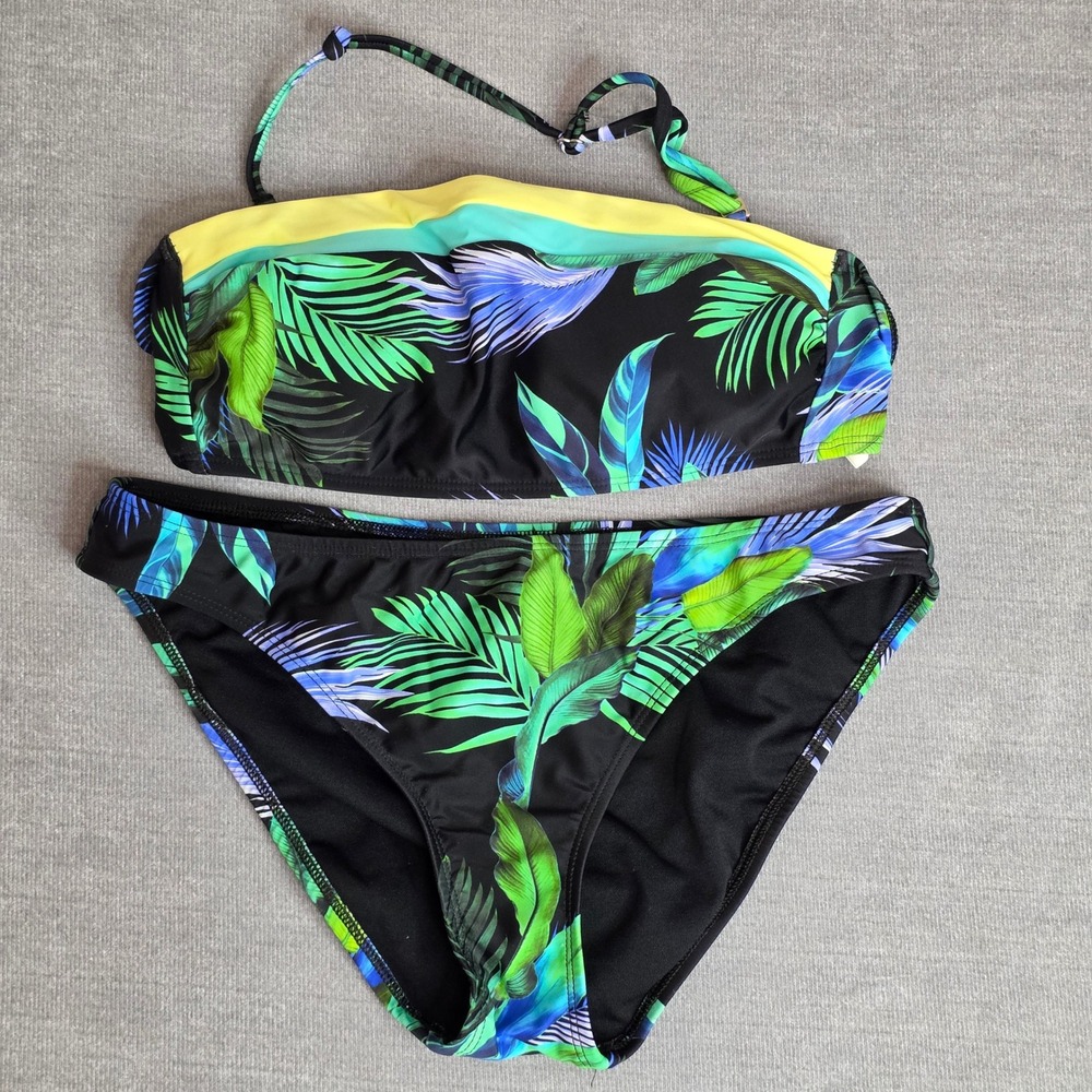 Salt + Cove Bikini Set Womens‎ M Black Tropical Palm Leaf Bandeau Swimsuit Macys